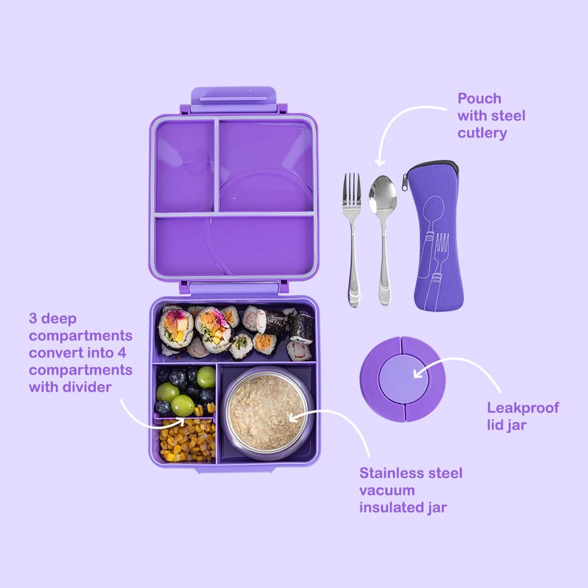 Eazy Kids Purple 3/4 Jumbo Lunch Box & Bowl with Spoon & Fork Set