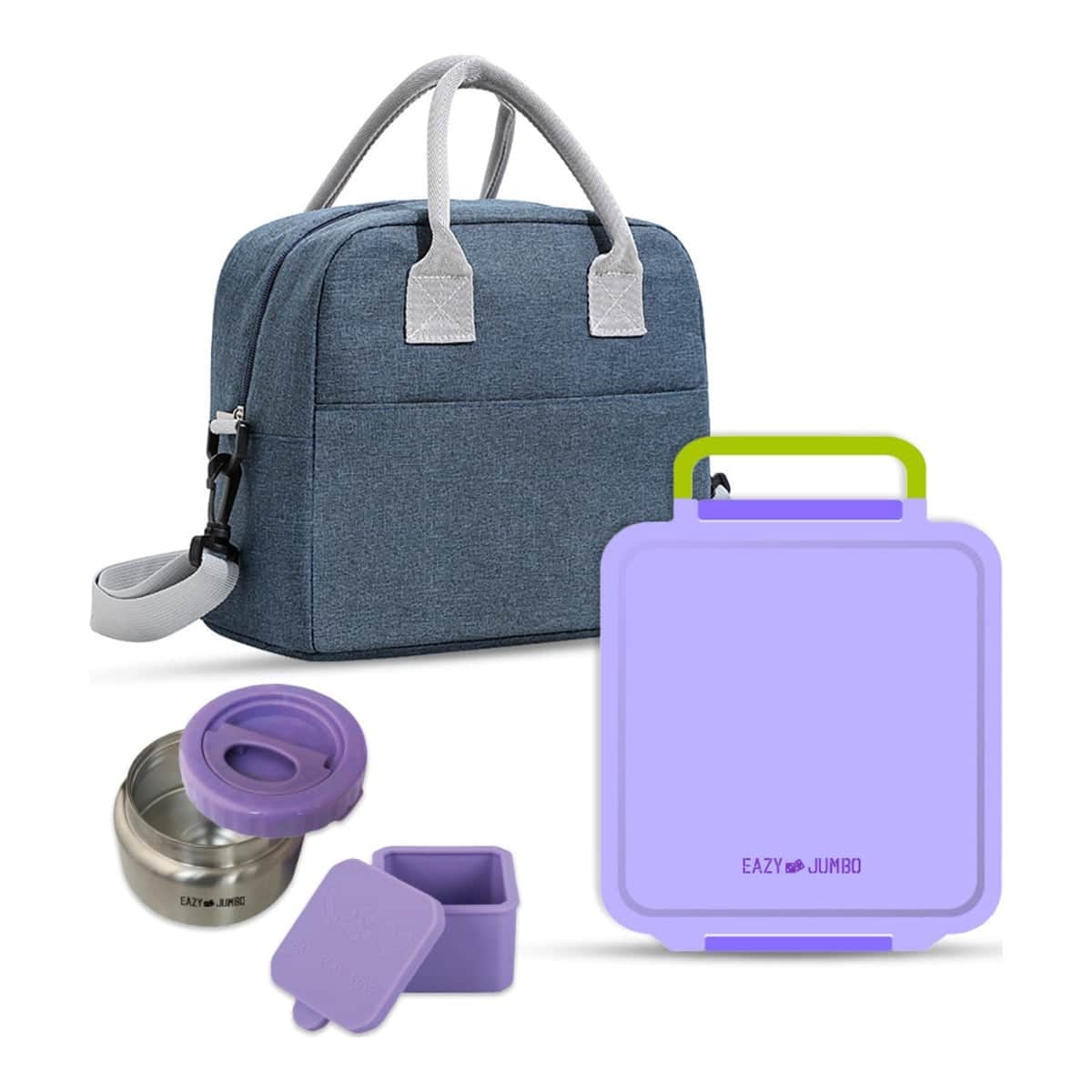 Eazy Kids Purple Jumbo Bento Lunch Box with Lunch Bag, Thermos & Dip Jar Set