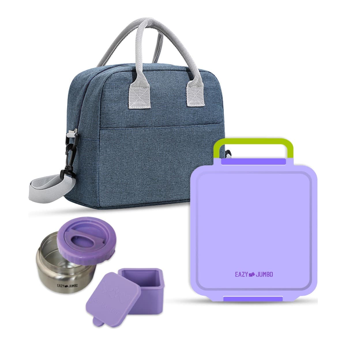 Eazy Kids Purple Jumbo Bento Lunch Box with Lunch Bag, Thermos & Dip Jar Set