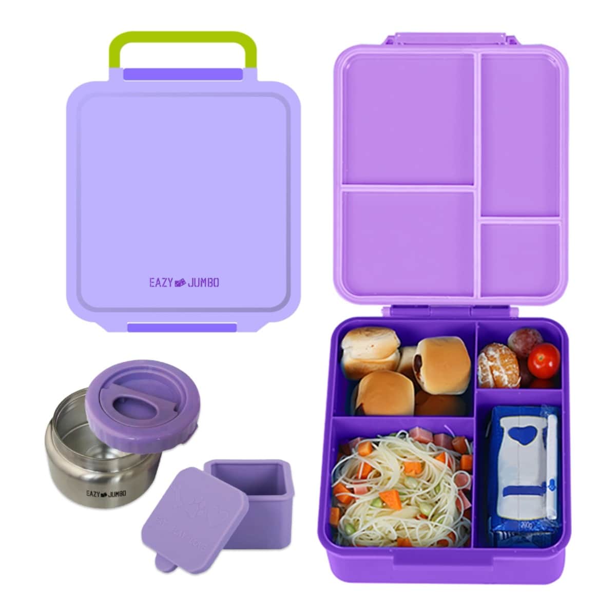 Eazy Kids Purple Jumbo Bento Lunch Box with Lunch Bag, Thermos & Dip Jar Set