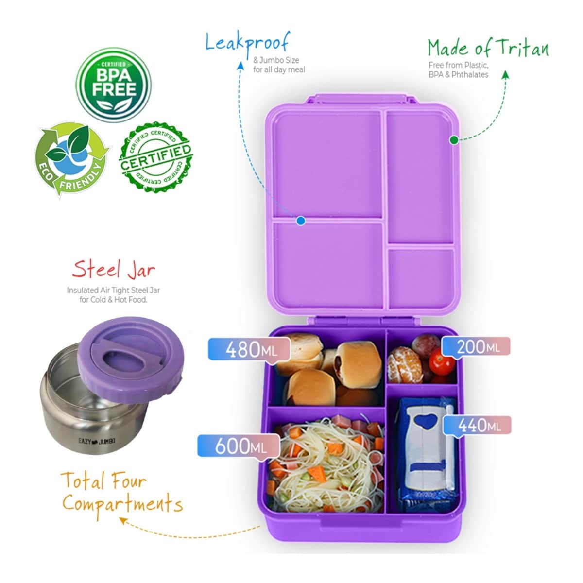 Eazy Kids Purple Jumbo Bento Lunch Box with Lunch Bag, Thermos & Dip Jar Set