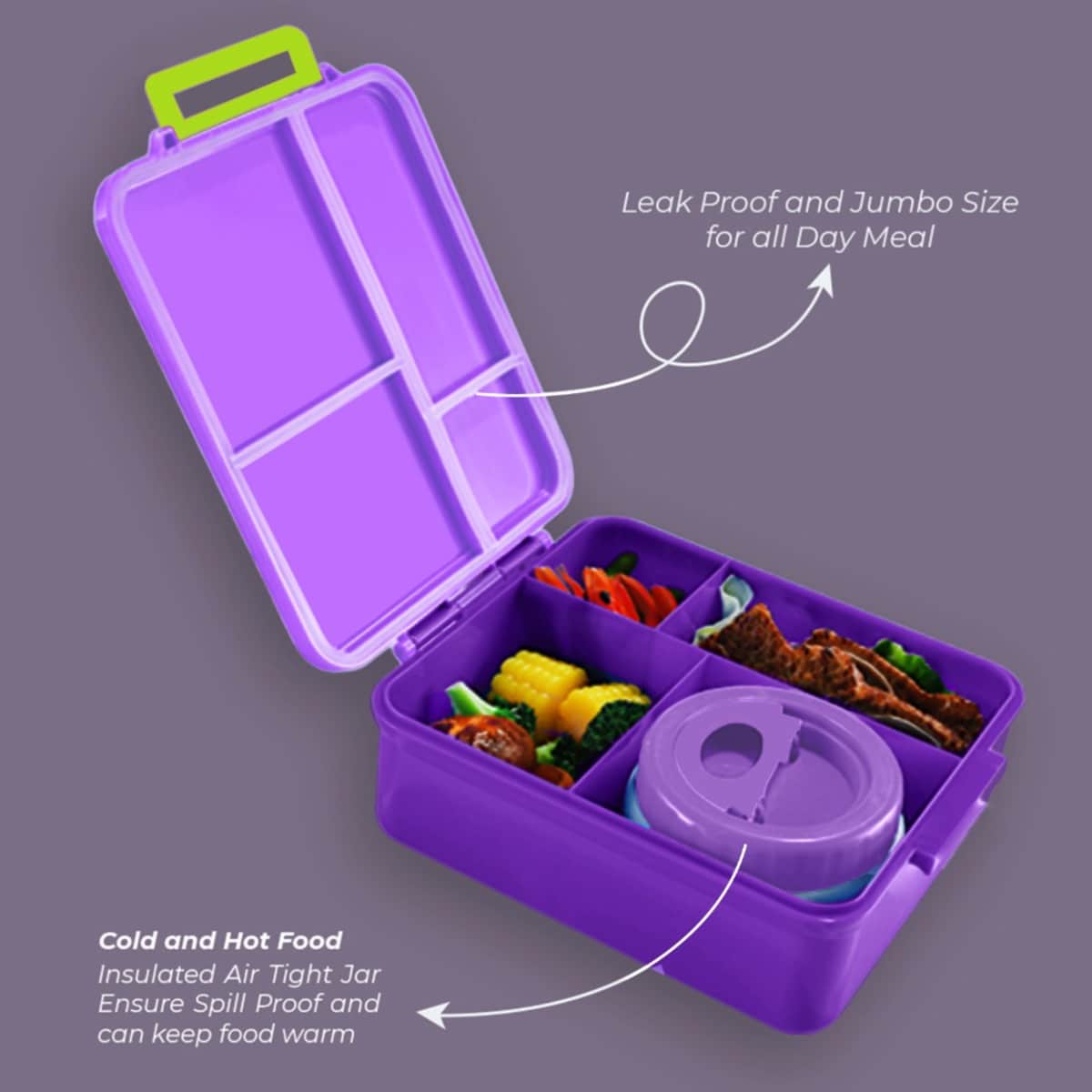 Eazy Kids Purple Jumbo Bento Lunch Box with Lunch Bag, Thermos & Dip Jar Set