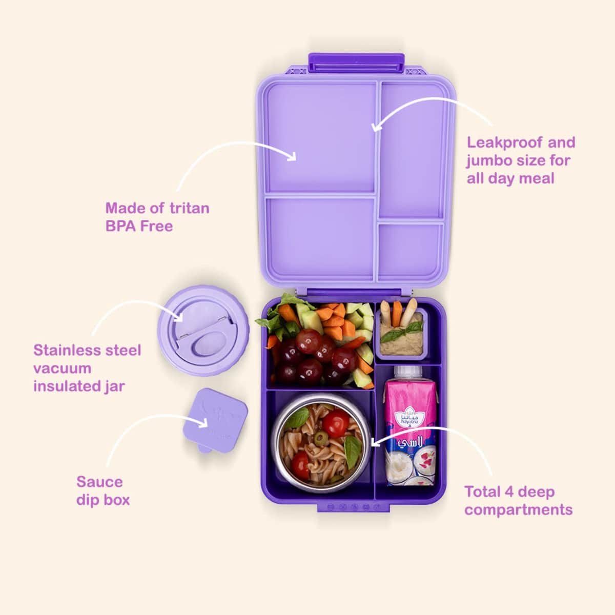 Eazy Kids Purple Jumbo Bento Lunch Box with Thermos & Dip Jar Set