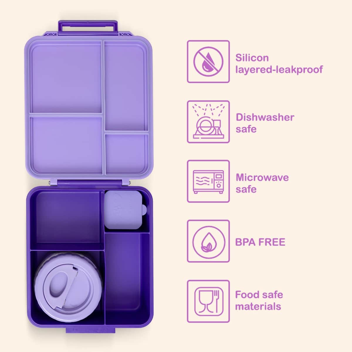 Eazy Kids Purple Jumbo Bento Lunch Box with Thermos & Dip Jar Set