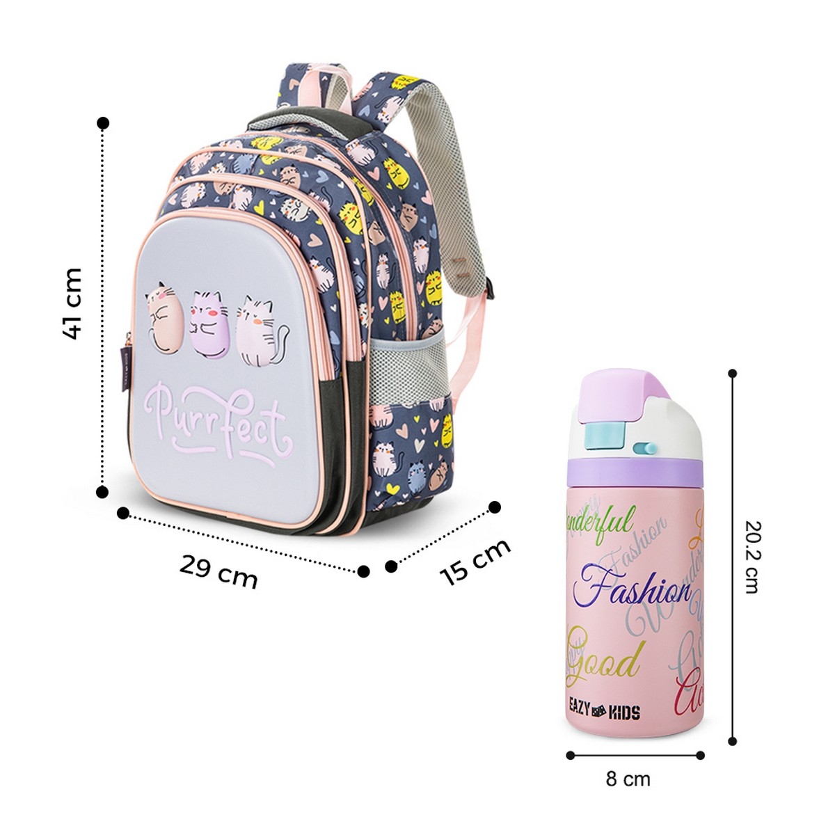 Eazy Kids Purrfect School Bag with Stainless Steel Water Bottle
