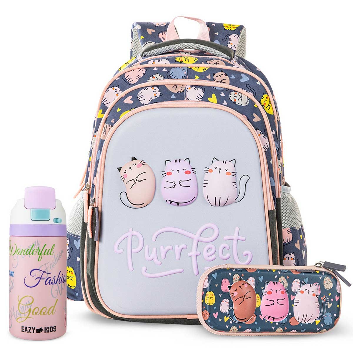 Eazy Kids Purrfect School Bag with Stainless Steel Water Bottle