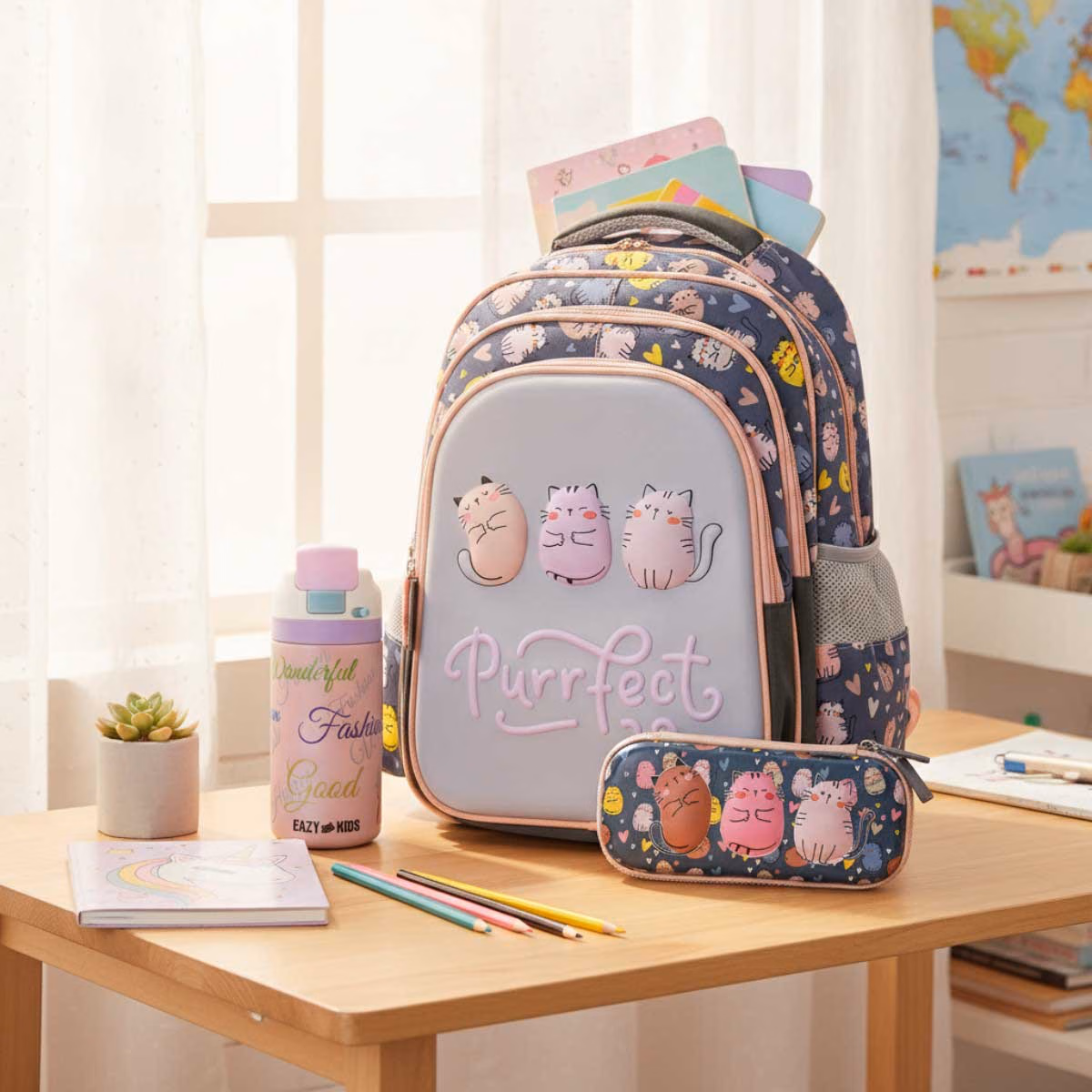 Eazy Kids Purrfect School Bag with Stainless Steel Water Bottle