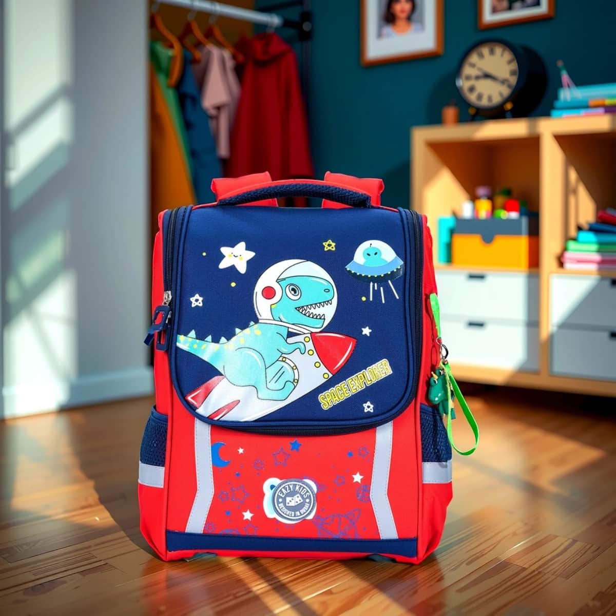 Eazy Kids Red School Bag Dinosaur In Space Unisex, 3-4 Years