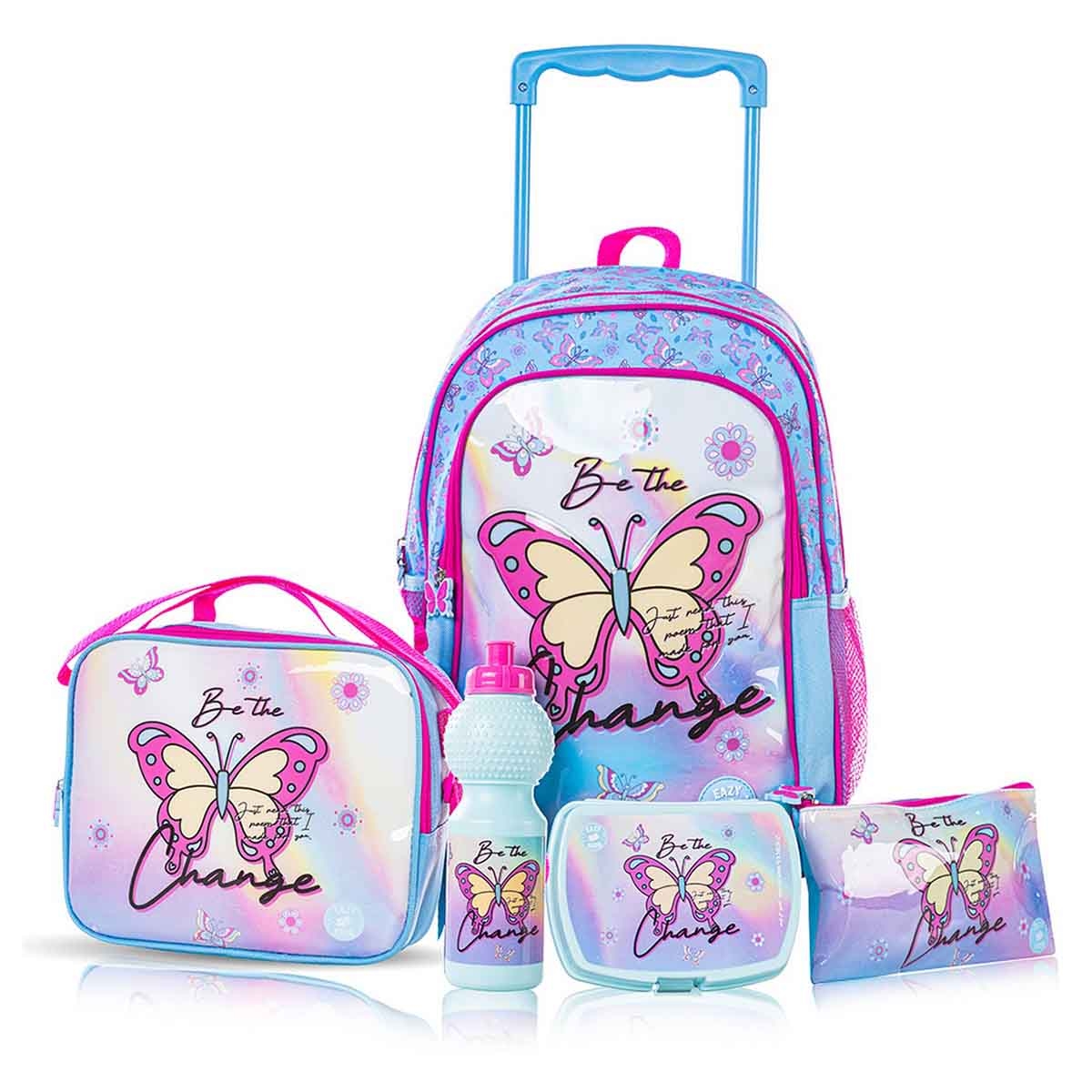 إيزي كيدز حقيبة مدرسية 5 في 1 مقاس 16 إنش بتصميم باترفلاي مع عربة