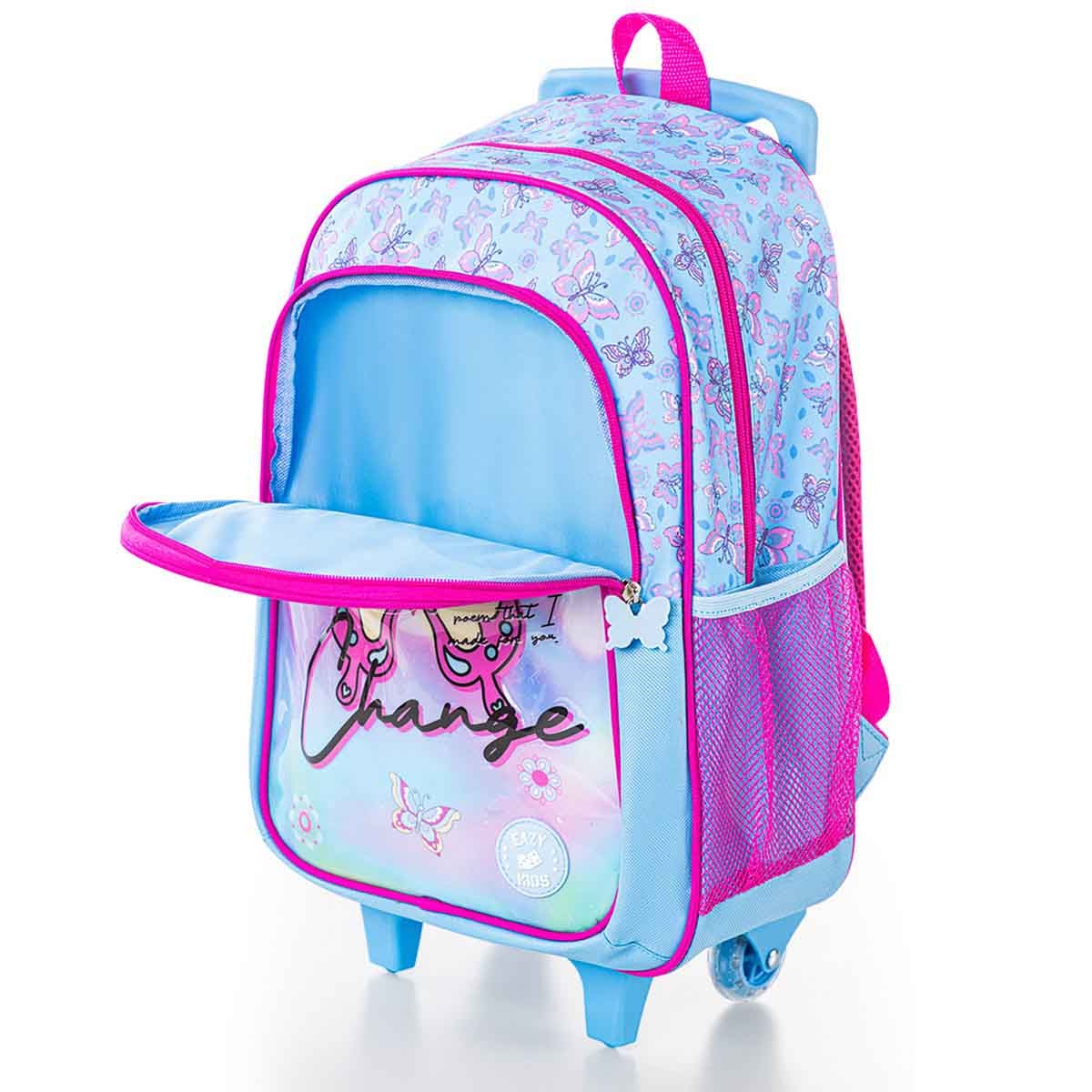 إيزي كيدز حقيبة مدرسية 5 في 1 مقاس 16 إنش بتصميم باترفلاي مع عربة