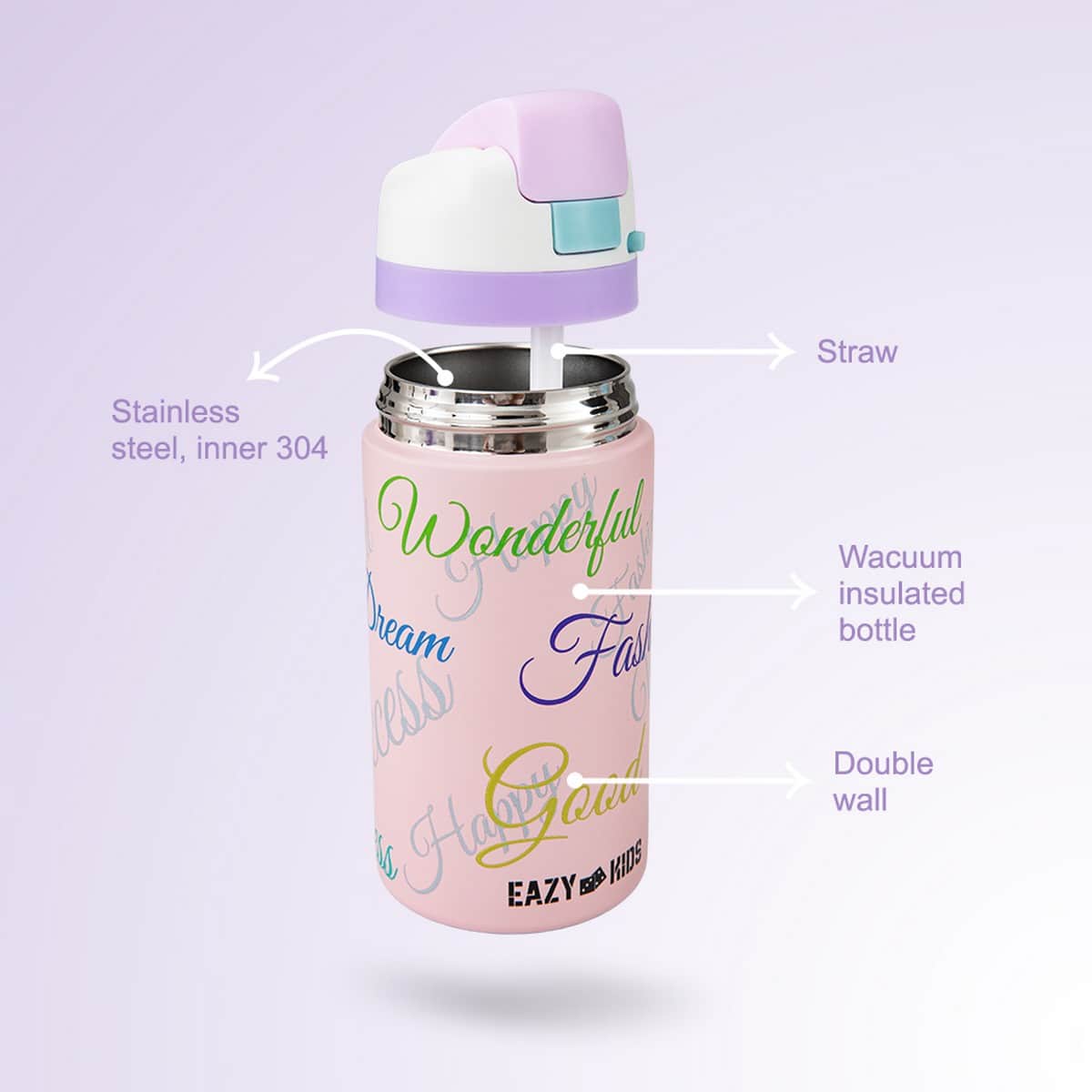 Eazy Kids Shine Pink Bento Lunch Box with 445ml Stainless Steel Water Bottle Set