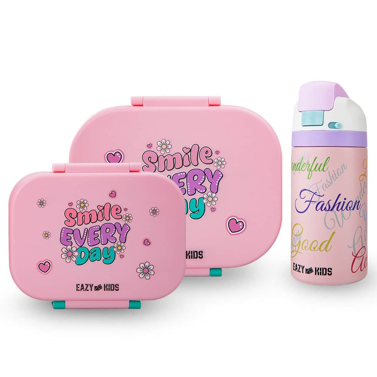 Eazy Kids Shine Pink Bento Lunch Box with 445ml Stainless Steel Water Bottle Set