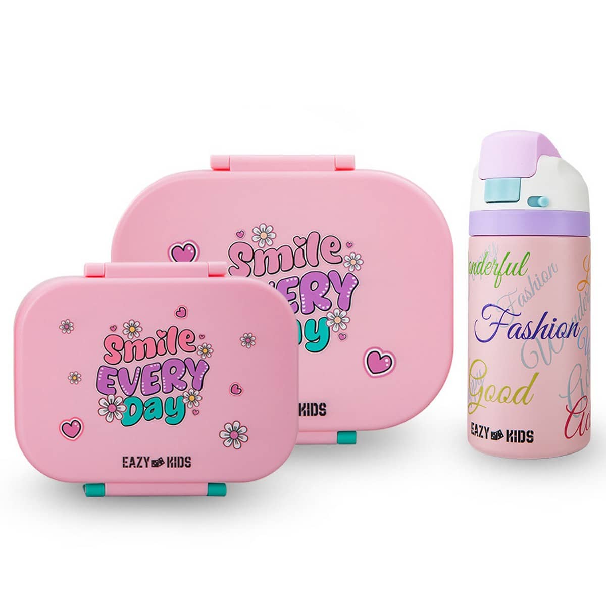 Eazy Kids Shine Pink Bento Lunch Box with 445ml Stainless Steel Water Bottle Set