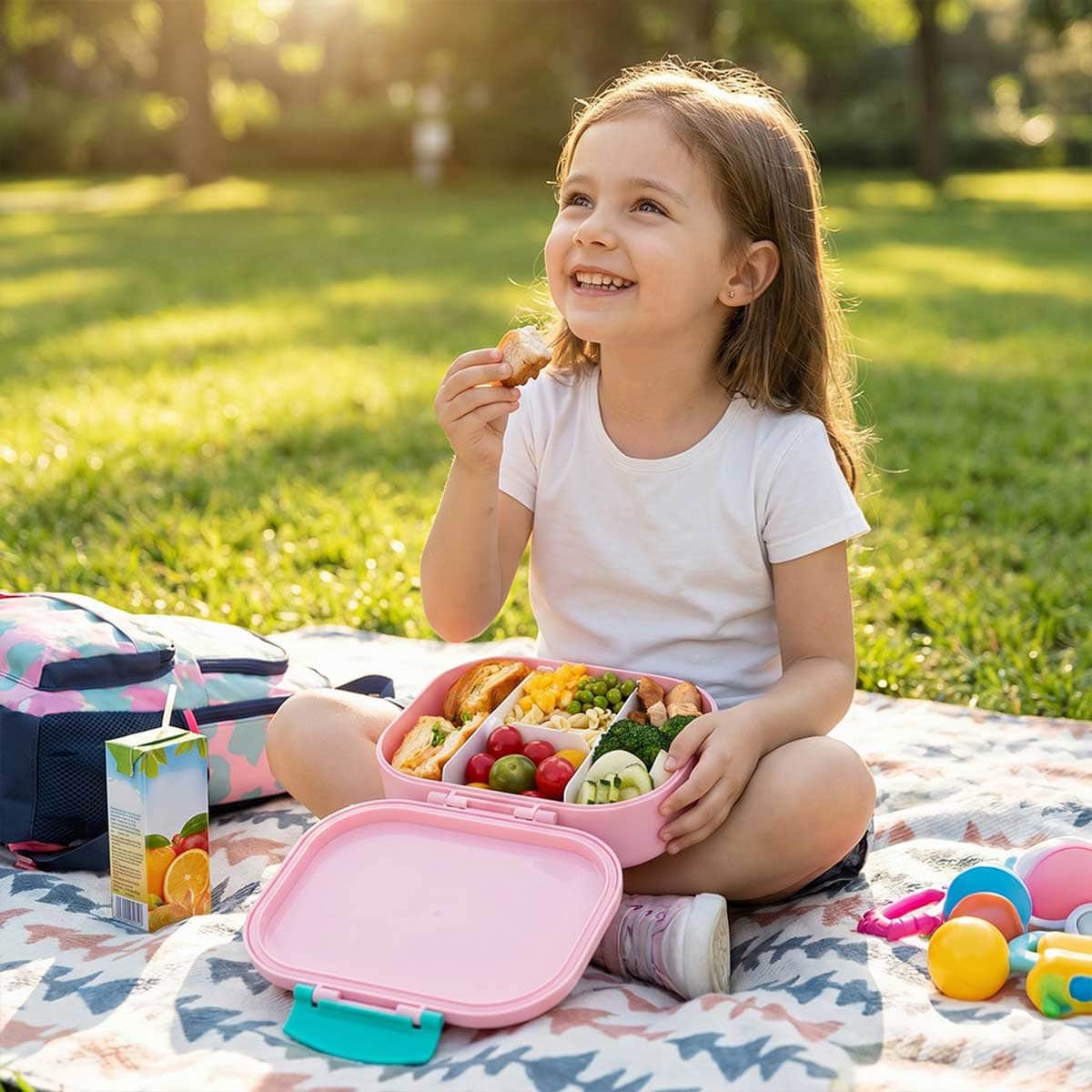 Eazy Kids Shine Pink Bento Lunch Box with 445ml Stainless Steel Water Bottle Set