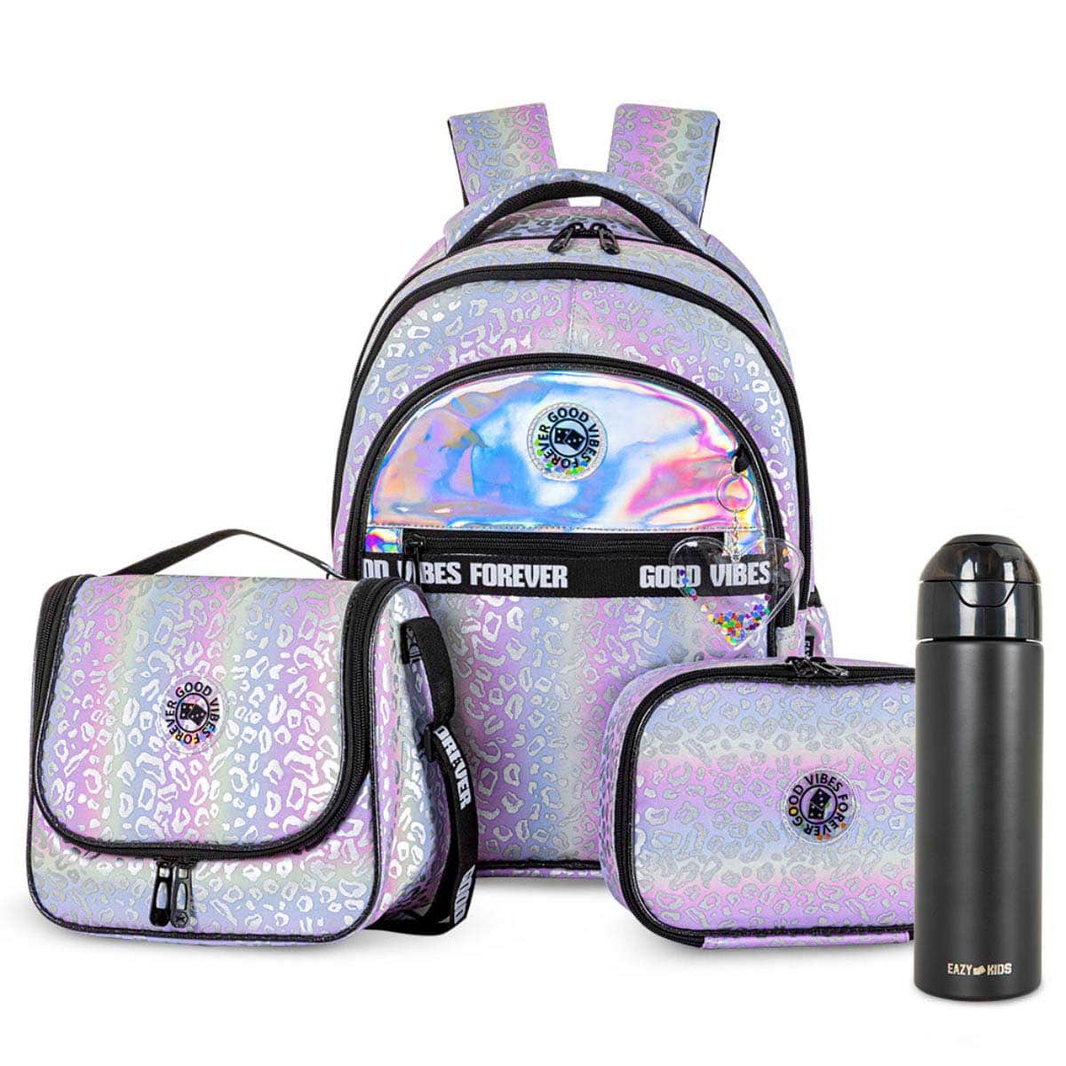 Eazy Kids Silver Good Vibes School Bag with Insulated Spray Water Bottle