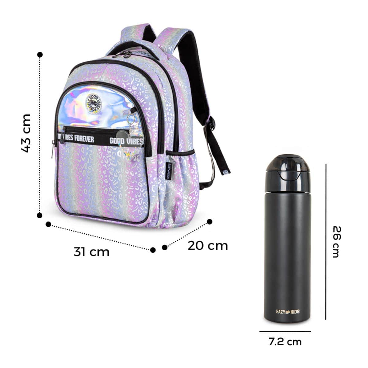 Eazy Kids Silver Good Vibes School Bag with Insulated Spray Water Bottle