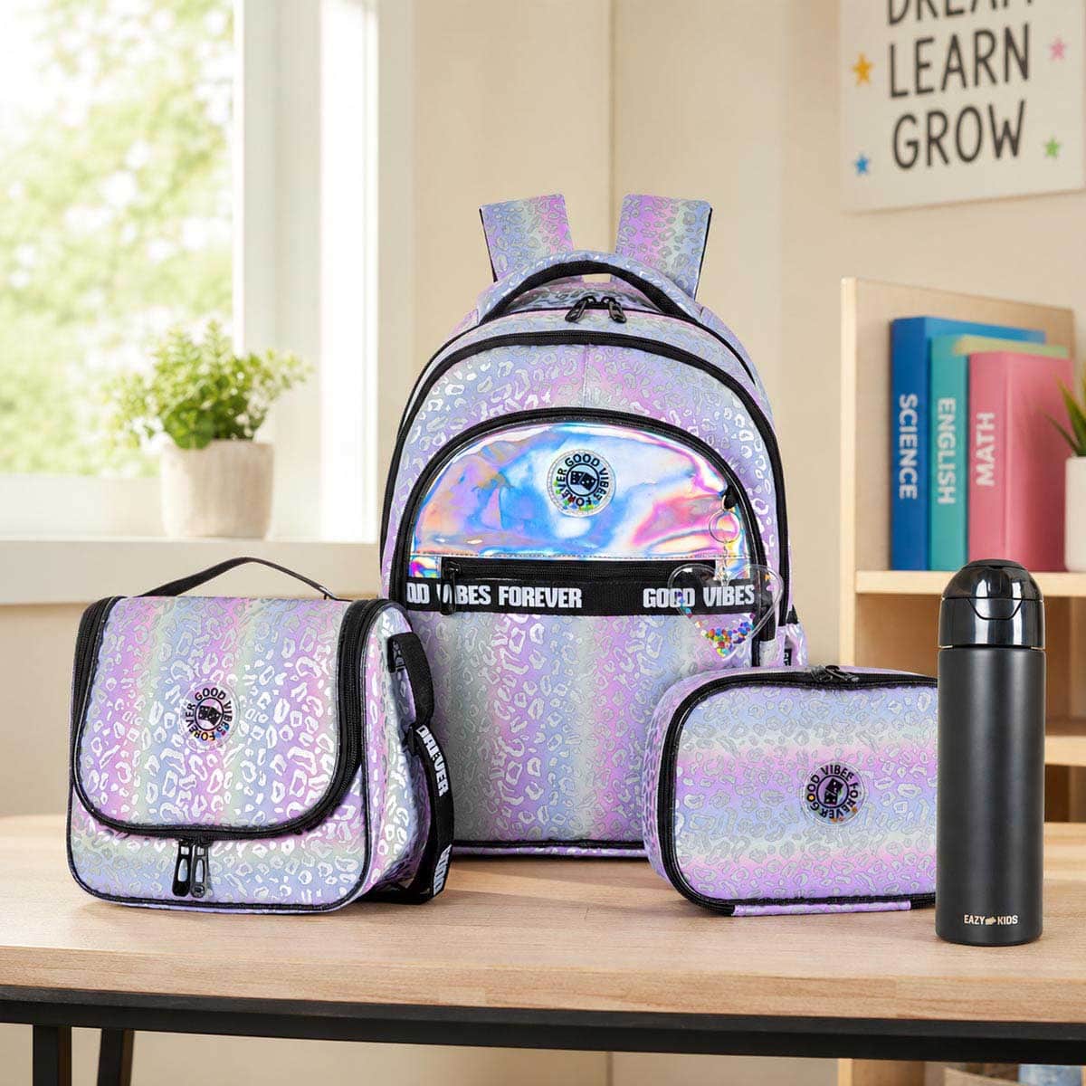 Eazy Kids Silver Good Vibes School Bag with Insulated Spray Water Bottle