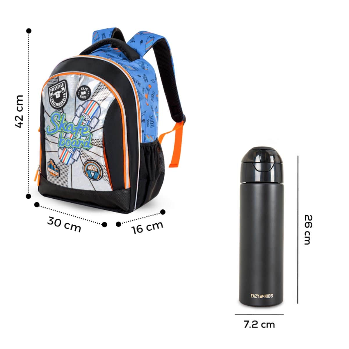 Eazy Kids Skateboard School Bag with Insulated Stainless Steel Spray Water Bottle