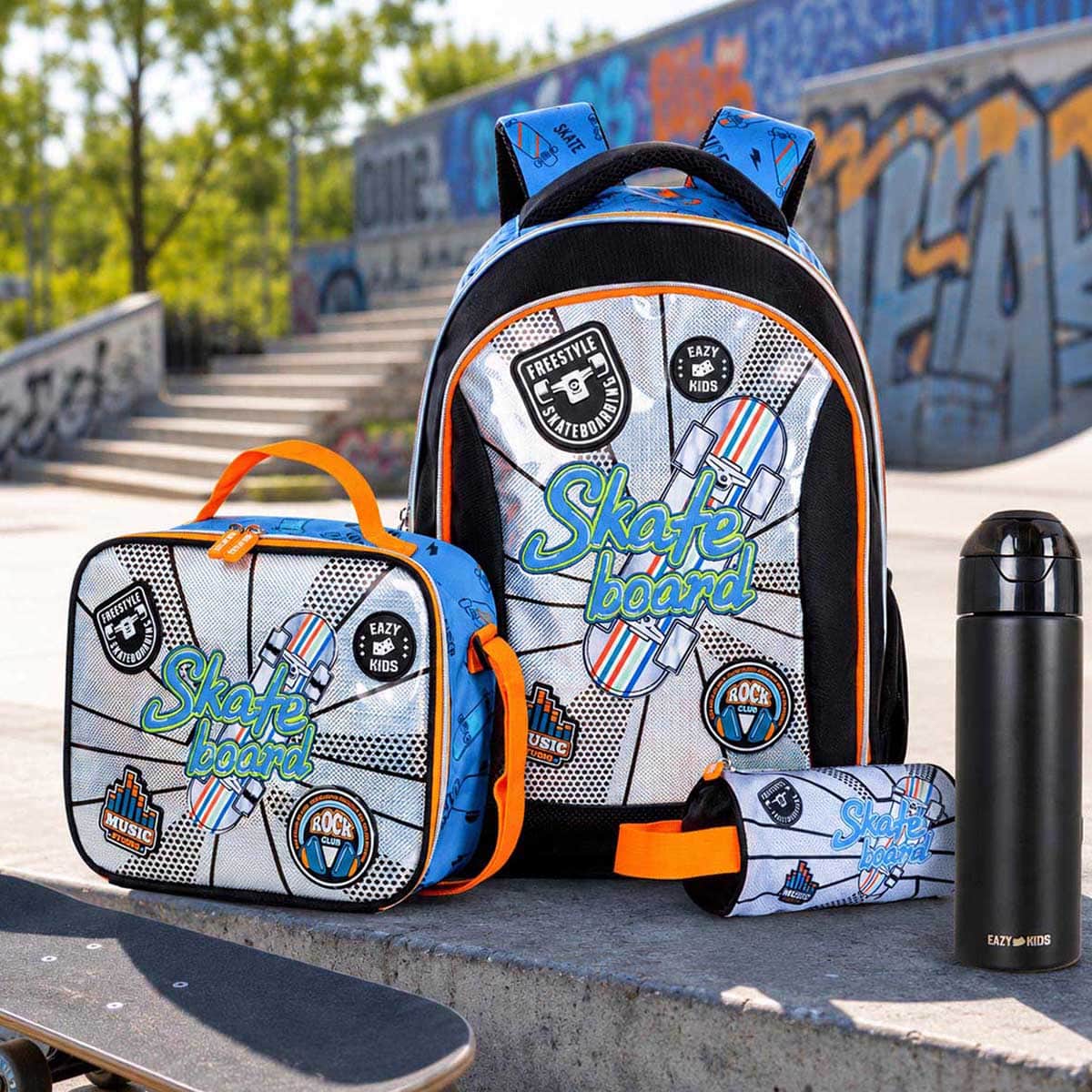 Eazy Kids Skateboard School Bag with Insulated Stainless Steel Spray Water Bottle