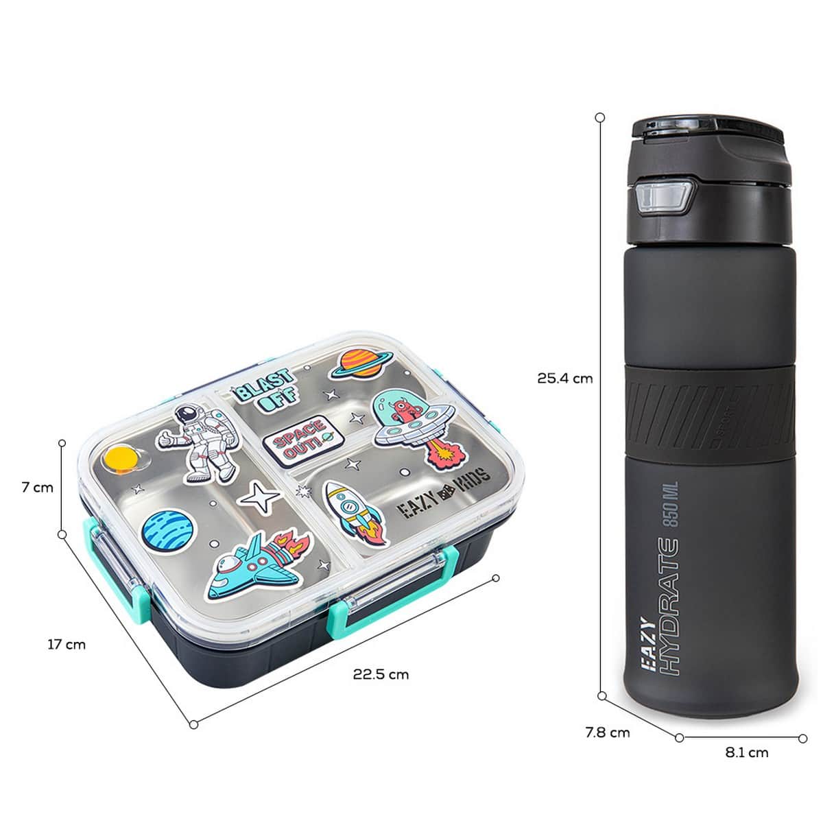 Eazy Kids Space Out Stainless Steel Bento Lunch Box with 850ml Tritan Water Bottle