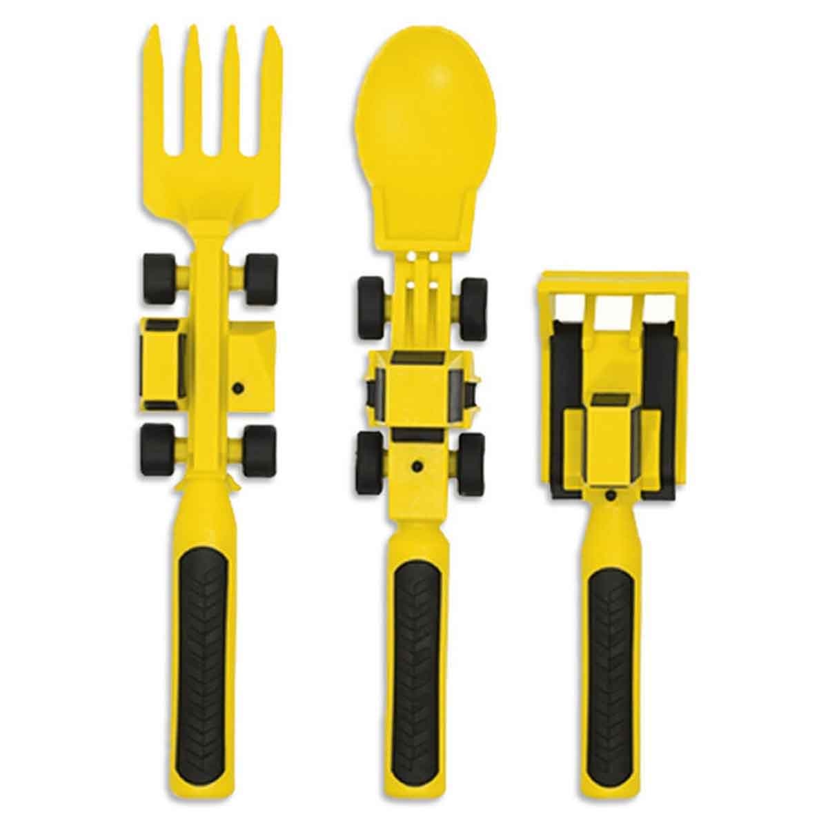 Eazy Kids Yellow Truck 3-in-1 Spoon, Fork & Pusher Cutlery Set