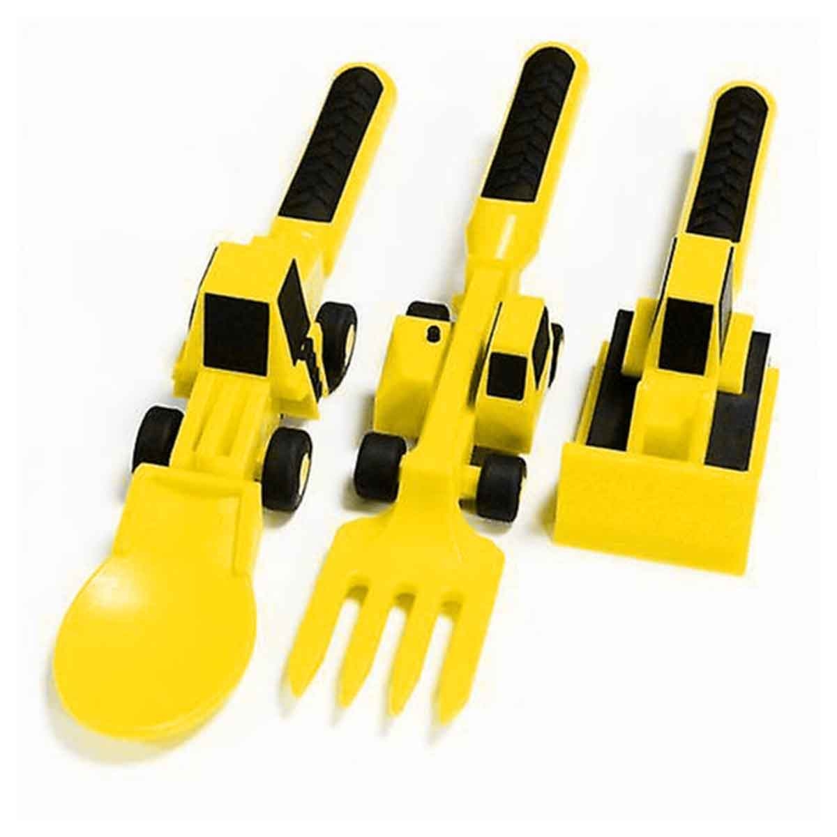 Eazy Kids Yellow Truck 3-in-1 Spoon, Fork & Pusher Cutlery Set