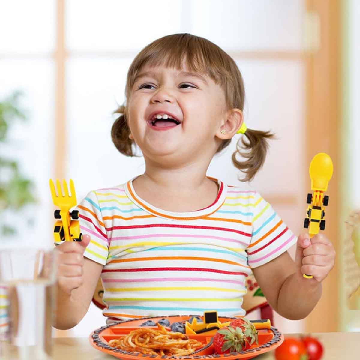 Eazy Kids Yellow Truck 3-in-1 Spoon, Fork & Pusher Cutlery Set