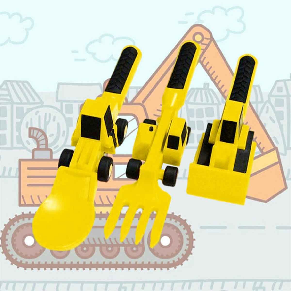 Eazy Kids Yellow Truck 3-in-1 Spoon, Fork & Pusher Cutlery Set