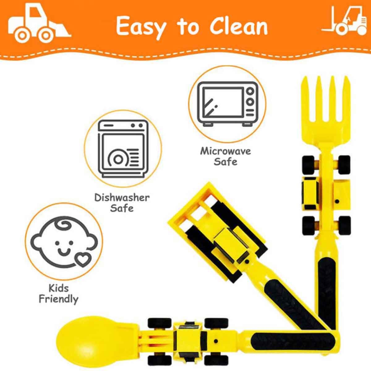 Eazy Kids Yellow Truck 3-in-1 Spoon, Fork & Pusher Cutlery Set