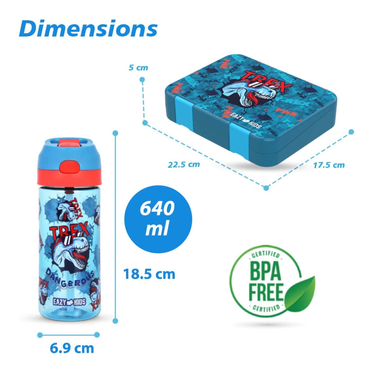 Eazy Kids T-Rex 6 & 4 Convertible Bento Lunch Box with 420ml Tritan Water Bottle & Sandwich Cutter Set