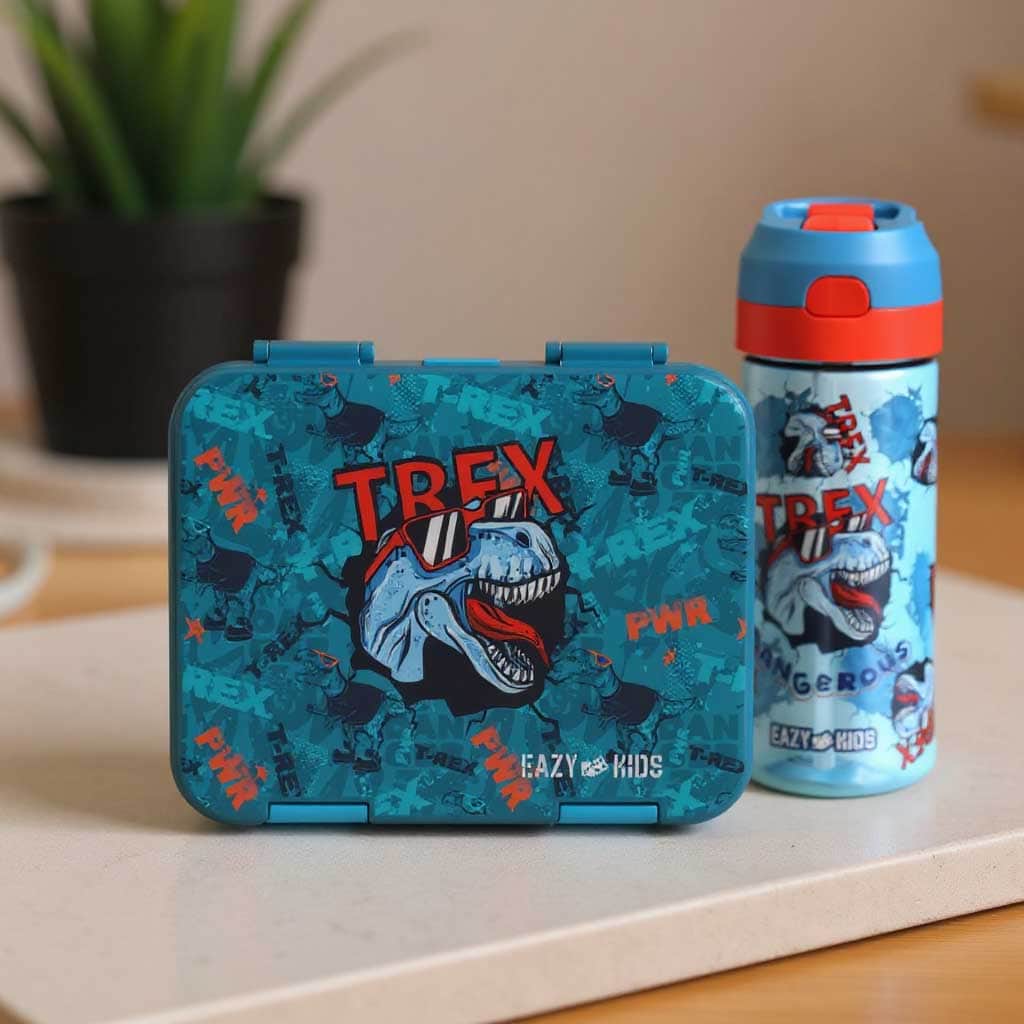 Eazy Kids T-Rex 6 & 4 Convertible Bento Lunch Box with 420ml Tritan Water Bottle & Sandwich Cutter Set