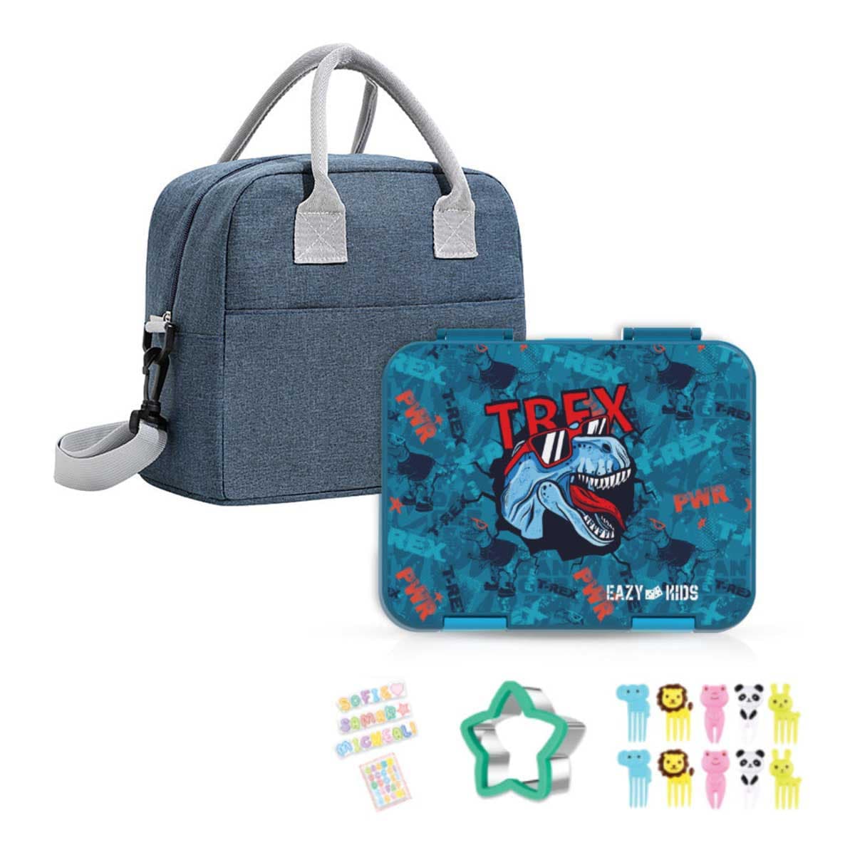 Eazy Kids T-Rex 6 & 4 Convertible Bento Lunch Box with Lunch Bag & Sandwich Cutter Set
