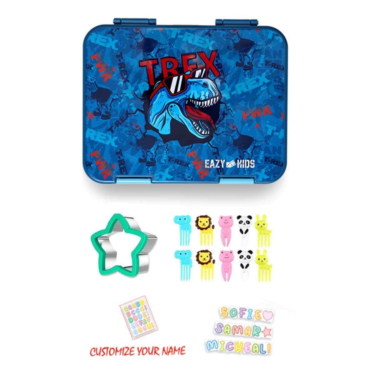 Eazy Kids T-Rex Blue 6 & 4 Convertible Bento Lunch Box with Sandwich Cutter Set