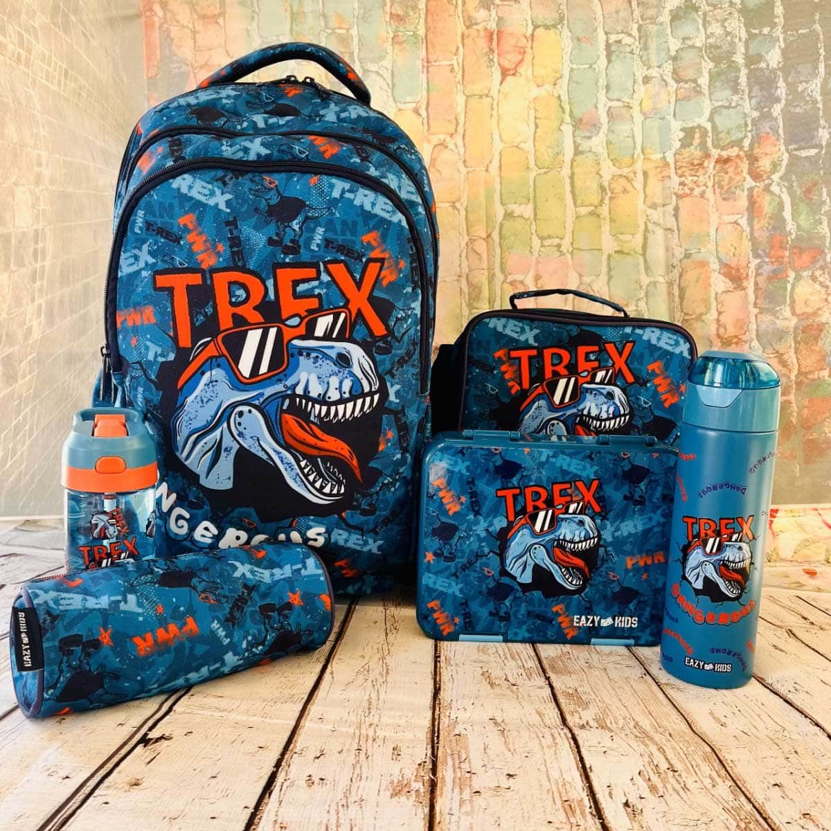 Eazy Kids T-Rex Blue 6 & 4 Convertible Bento Lunch Box with Sandwich Cutter Set