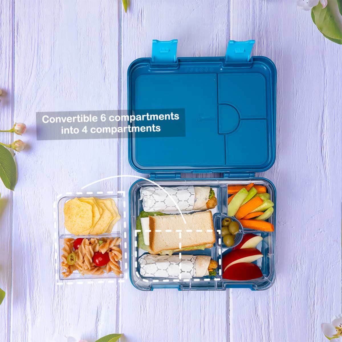 Eazy Kids T-Rex Blue 6 & 4 Convertible Bento Lunch Box with Sandwich Cutter Set