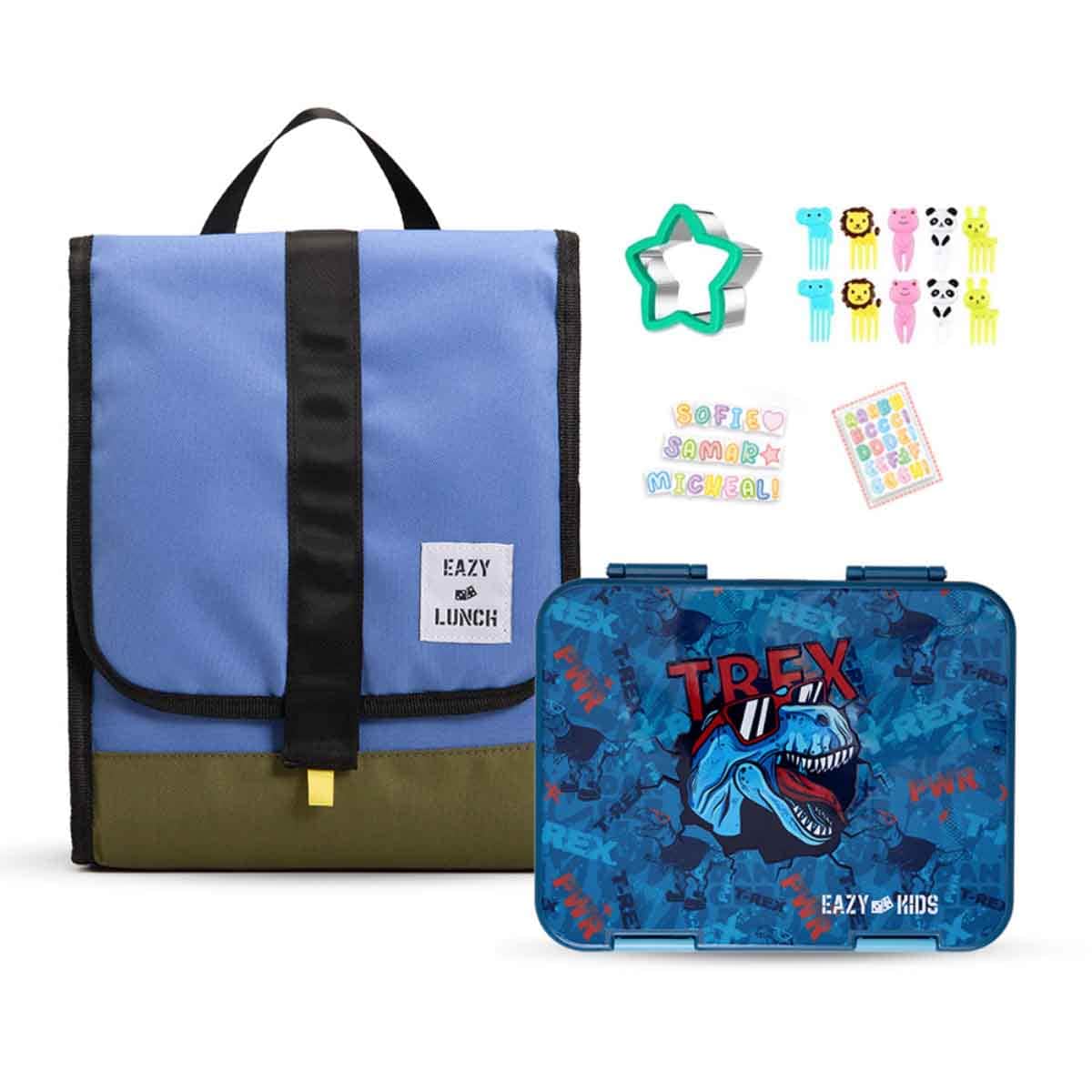 Eazy Kids T-Rex Dino Blue 6 & 4 Convertible Bento Lunch Box with Sandwich Cutter Set