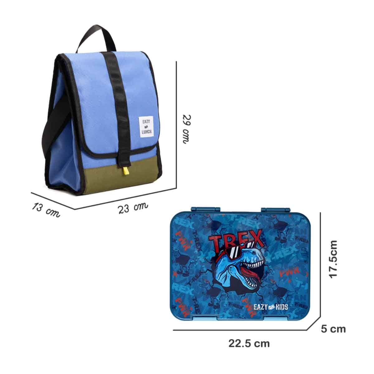 Eazy Kids T-Rex Dino Blue 6 & 4 Convertible Bento Lunch Box with Sandwich Cutter Set