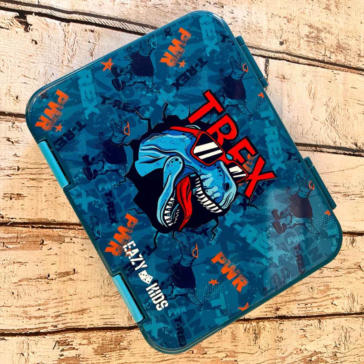Eazy Kids T-Rex Dino Blue 6 & 4 Convertible Bento Lunch Box with Sandwich Cutter Set