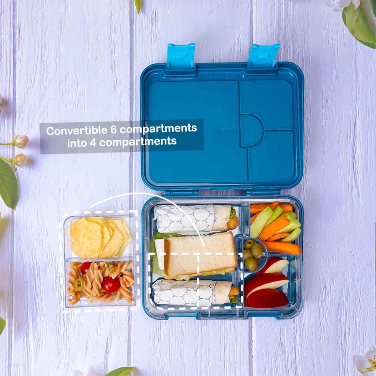 Eazy Kids T-Rex Dino Blue 6 & 4 Convertible Bento Lunch Box with Sandwich Cutter Set