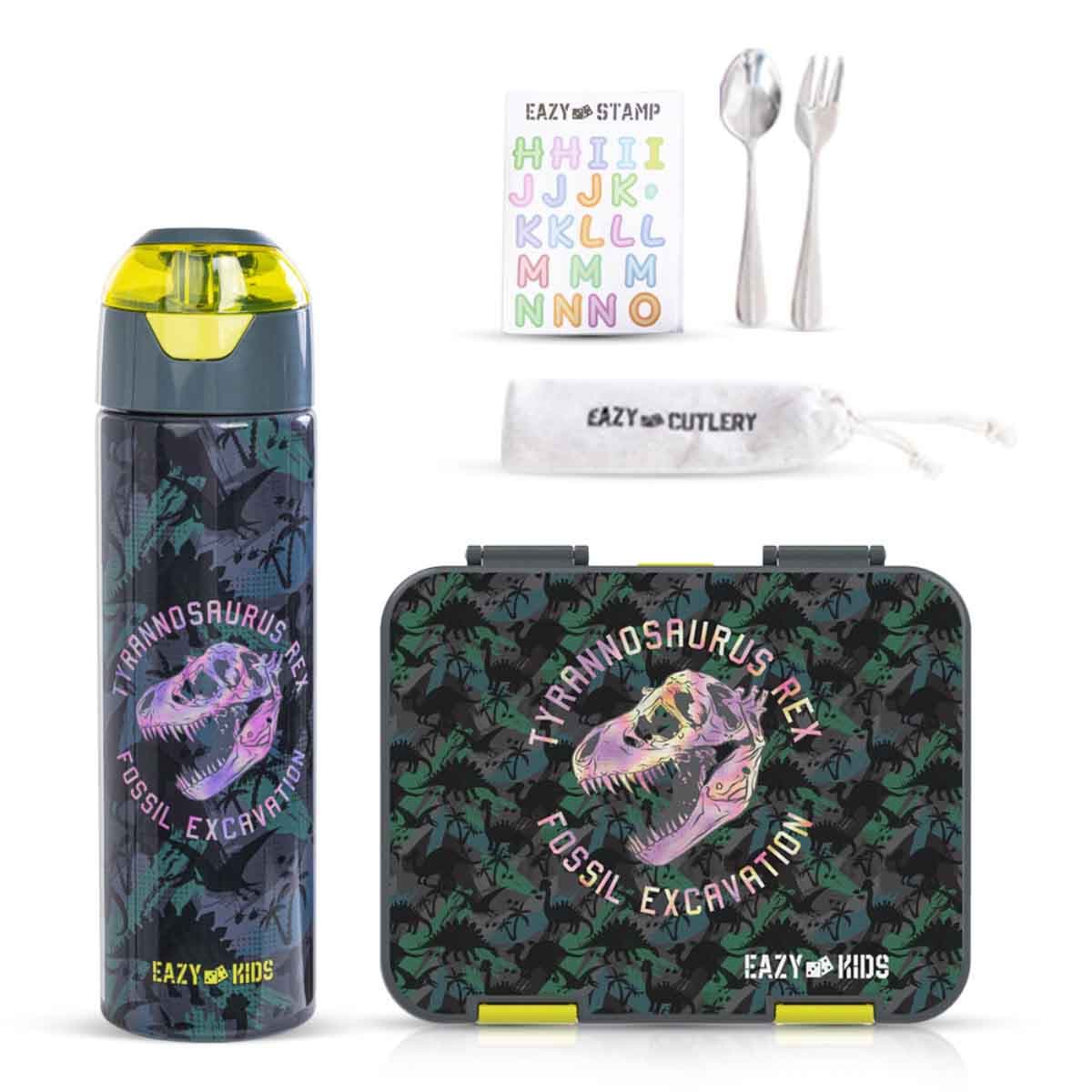 Eazy Kids T-Rex Dino Grey 6 & 4 Convertible Bento Lunch Box Set