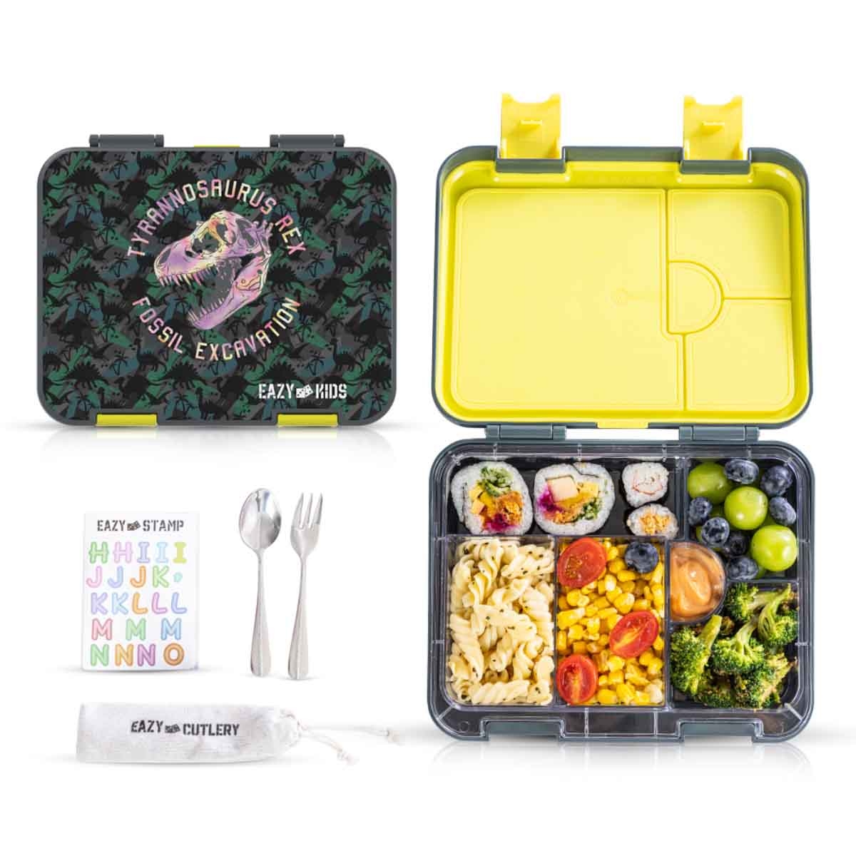 Eazy Kids T-Rex Dino Grey 6 & 4 Convertible Bento Lunch Box Set