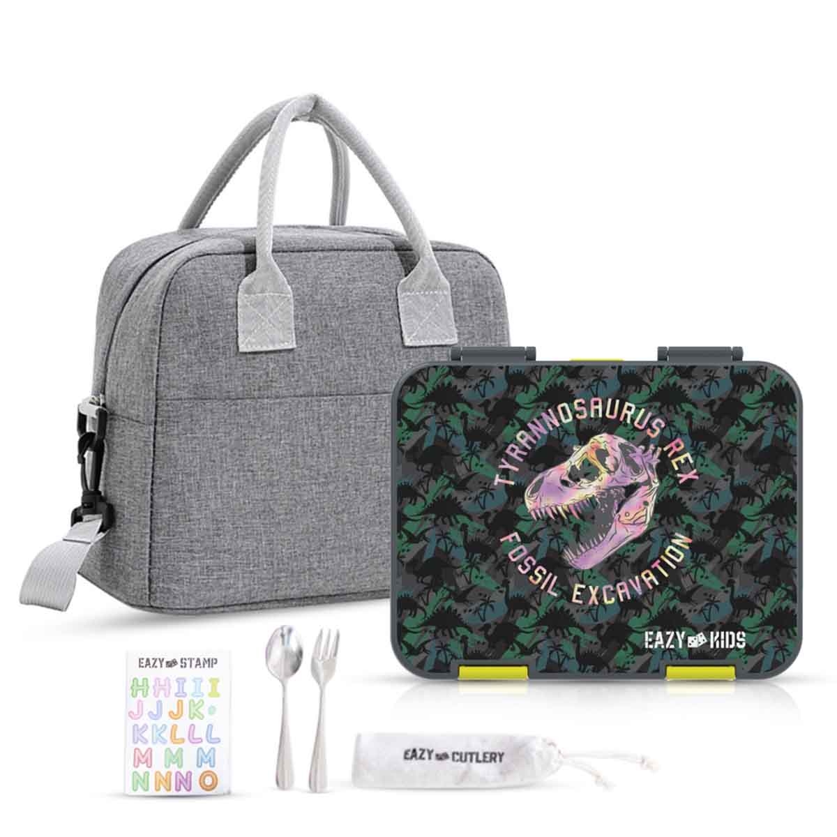 Eazy Kids T-Rex Dino Grey 6 & 4 Convertible Bento Lunch Box with Lunch Bag Set
