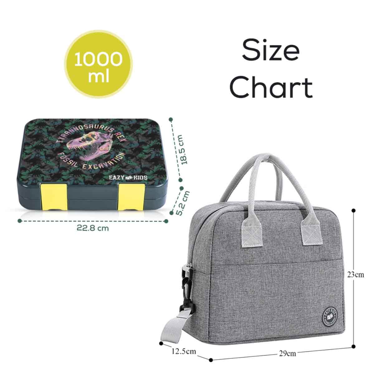 Eazy Kids T-Rex Dino Grey 6 & 4 Convertible Bento Lunch Box with Lunch Bag Set