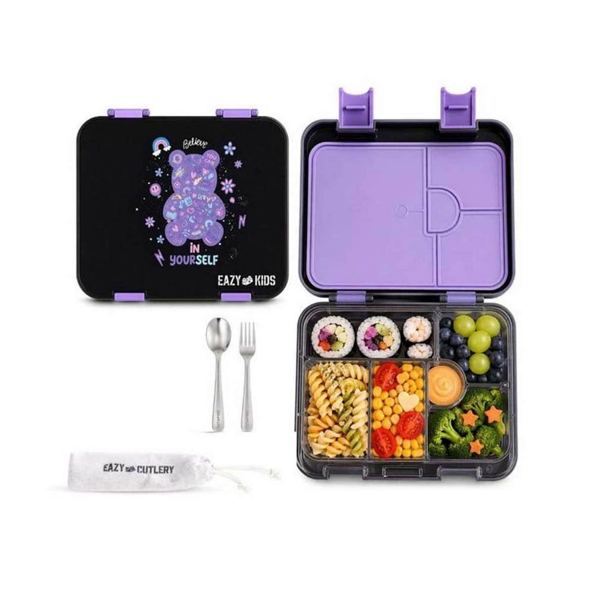 Eazy Kids Teddy Black 6 & 4 Convertible Bento Lunch Box with Steel Spoon & Fork Set