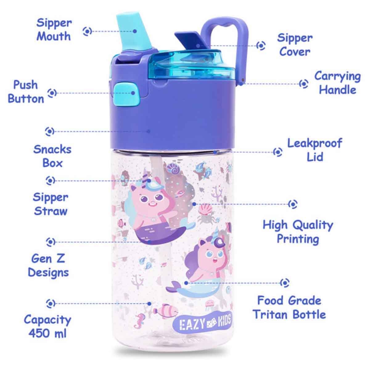 Eazy Kids 450ml Mermaid Purple Tritan Water Bottle with Snack Box