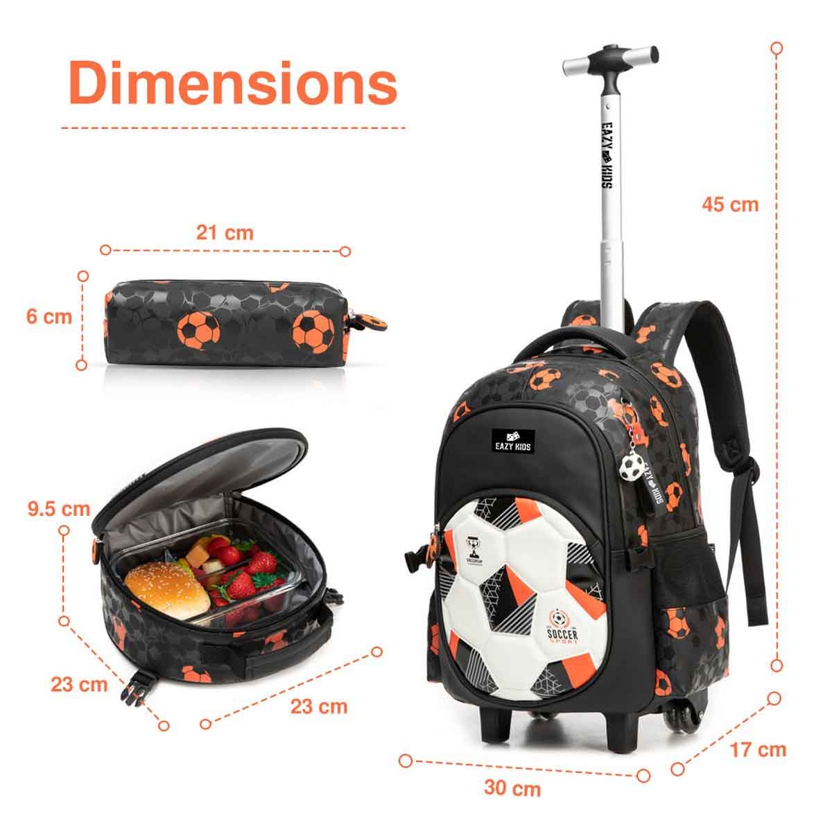 إيزي كيدز حقيبة مدرسية 3 في 1 على عربة مقاس 18 إنش بتصميم كرة القدم مع حقيبة غداء ومقلمة