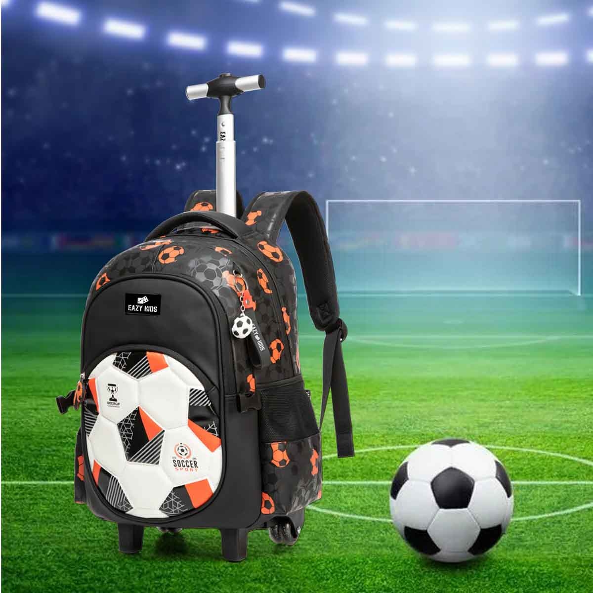 إيزي كيدز حقيبة مدرسية 3 في 1 على عربة مقاس 18 إنش بتصميم كرة القدم مع حقيبة غداء ومقلمة