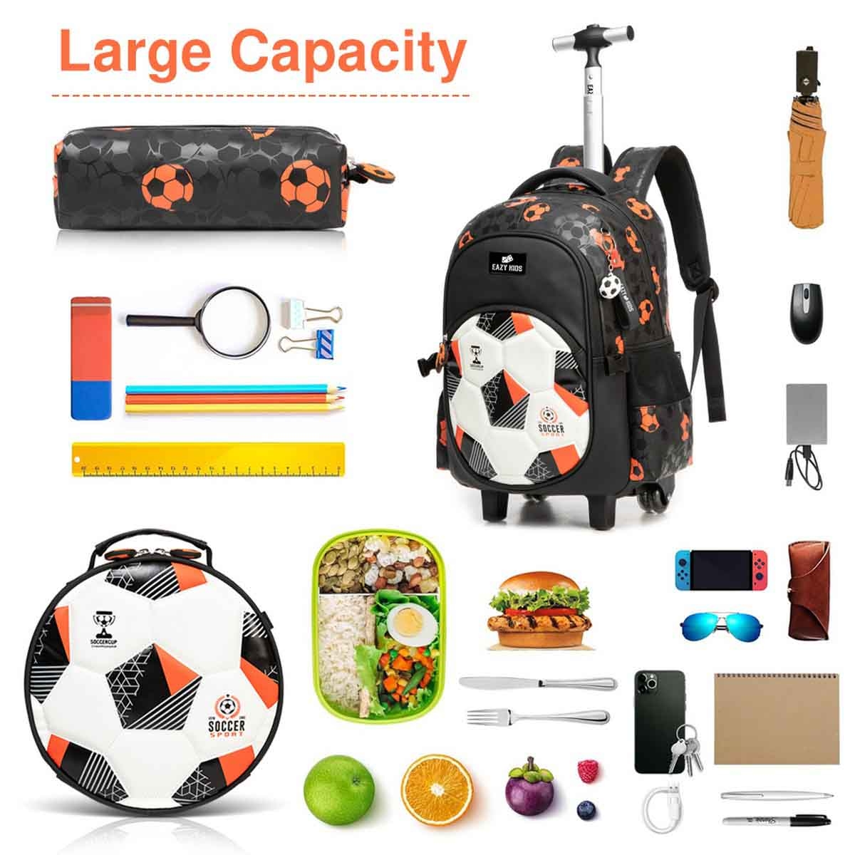إيزي كيدز حقيبة مدرسية 3 في 1 على عربة مقاس 18 إنش بتصميم كرة القدم مع حقيبة غداء ومقلمة