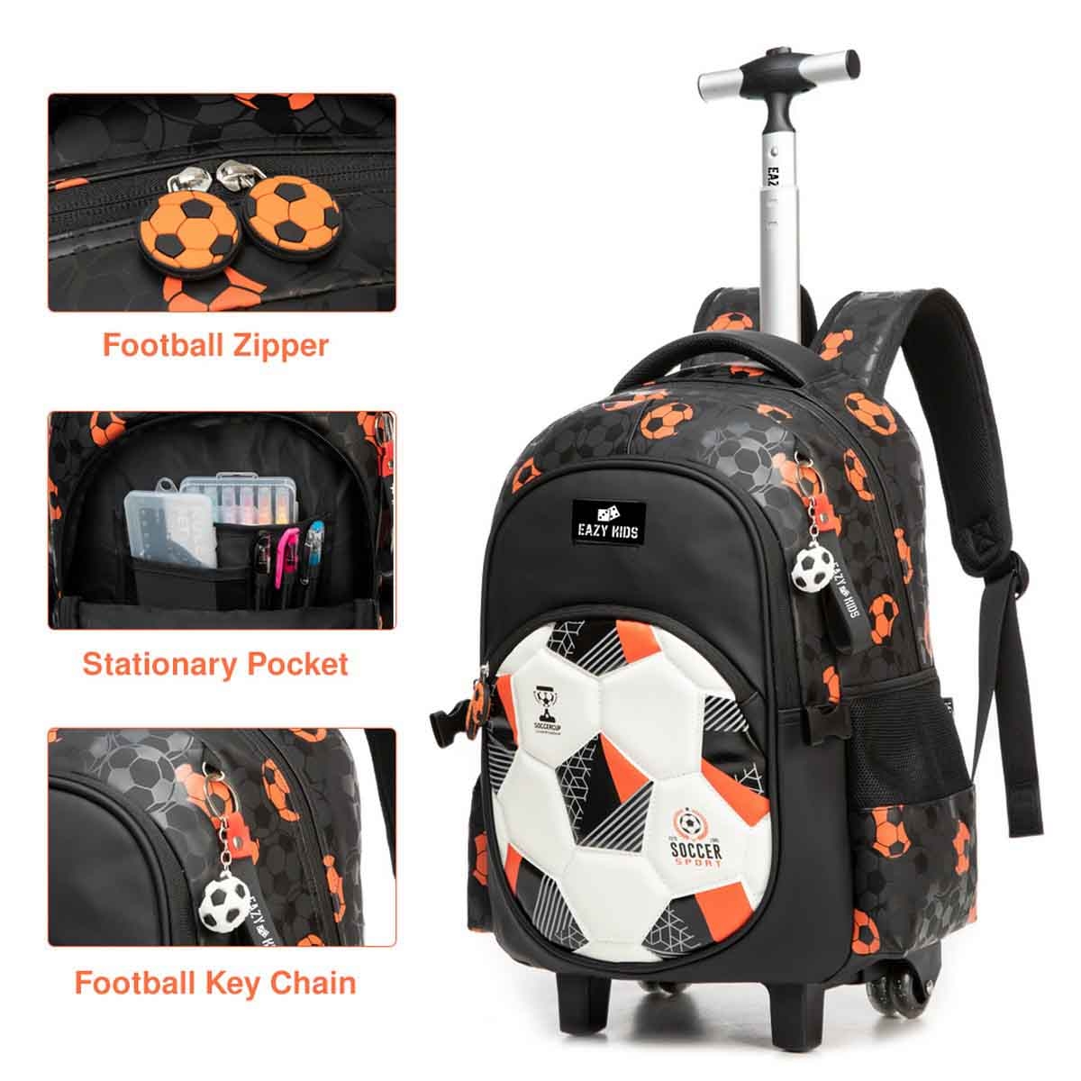 إيزي كيدز حقيبة مدرسية 3 في 1 على عربة مقاس 18 إنش بتصميم كرة القدم مع حقيبة غداء ومقلمة