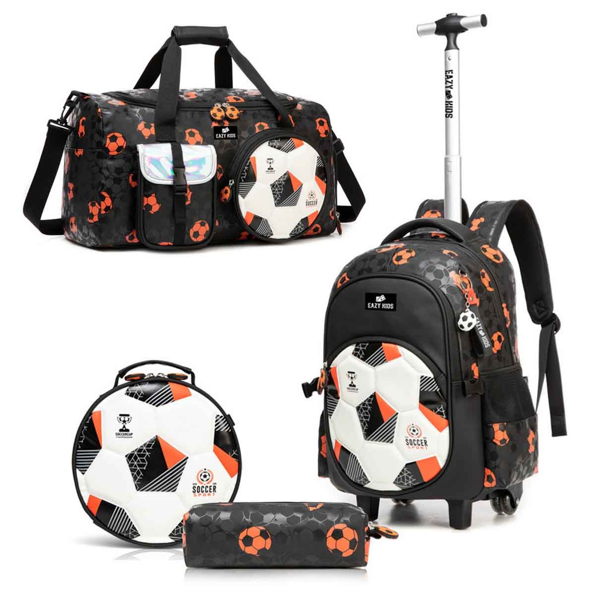 Eazy Kids 18" Football 4-in-1 Trolley School Bag with Duffle bag, Lunch Bag & Pencil Case